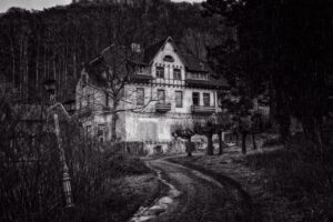 Old haunted house in black and white