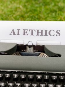 AI Ethics typed out on a typewriter -- the main concern with AI counterfeit content