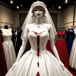 Wedding dress on mannequin, covered in blood. Representing Karla Homolka.