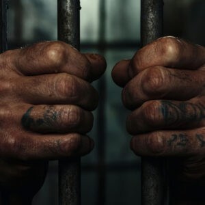 death row inmate with hands on bar