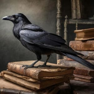 raven on books symbolizing edgar allan poe's last moments