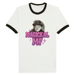 Retro ringer tee featuring aleister crowley and phrase "Magickal MF" - white - flat lay