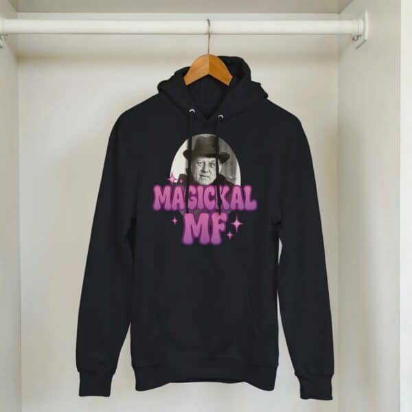 black hoodie hanging with retro aleister crowley design