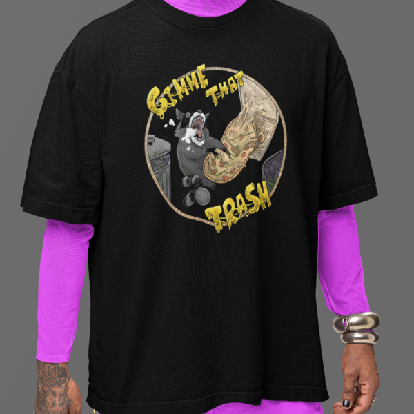 close up of gimme that trash design featuring raccoon on black hoodie digging through trash