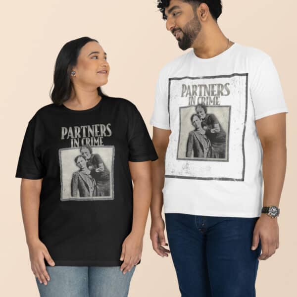 two people in matching partner in crime shirts