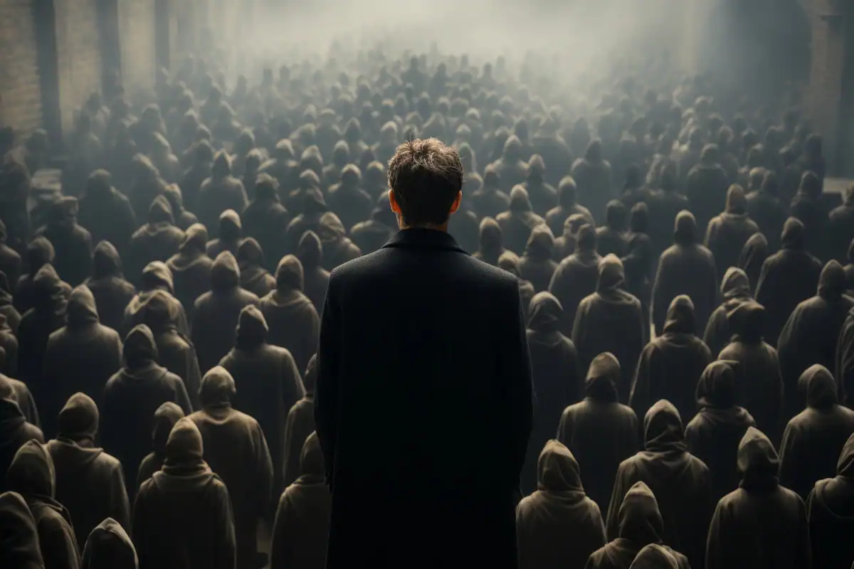 Leader of famous cults standing in front of followers