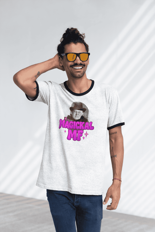 alternative man in grunge occult t-shirt with aleister crowley image