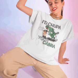 flirty girl wearing cryptid t shirt with I'd chupa your cabra on it