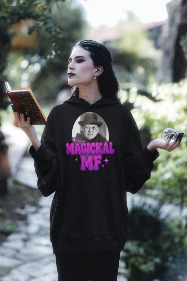 person doing magical ritual in Aleister Crowley magickal hoodie