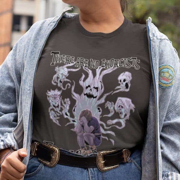 plus sized model in no exorcists for my demons tee