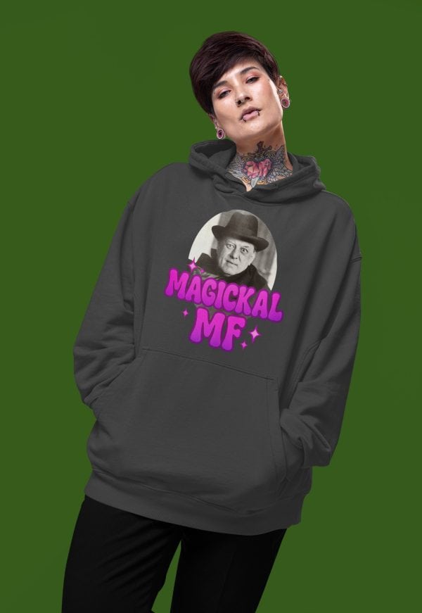 alternative pun woman wearing oversized hoodie for witches and pagans