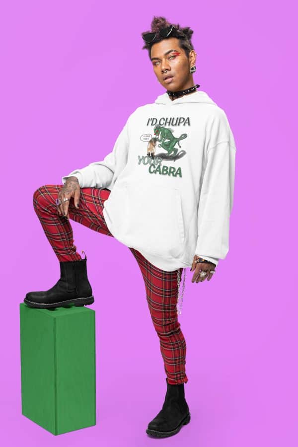 pop punk person in white chupacabra hooded sweatshirt