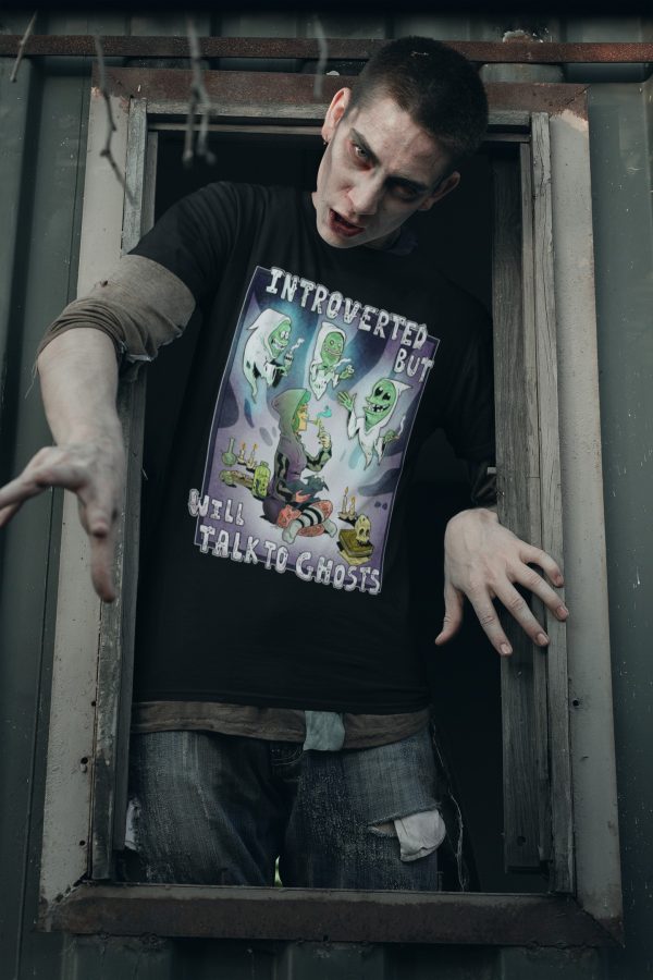 zombie wearing obscurix introverted but will talk to ghosts tee - black