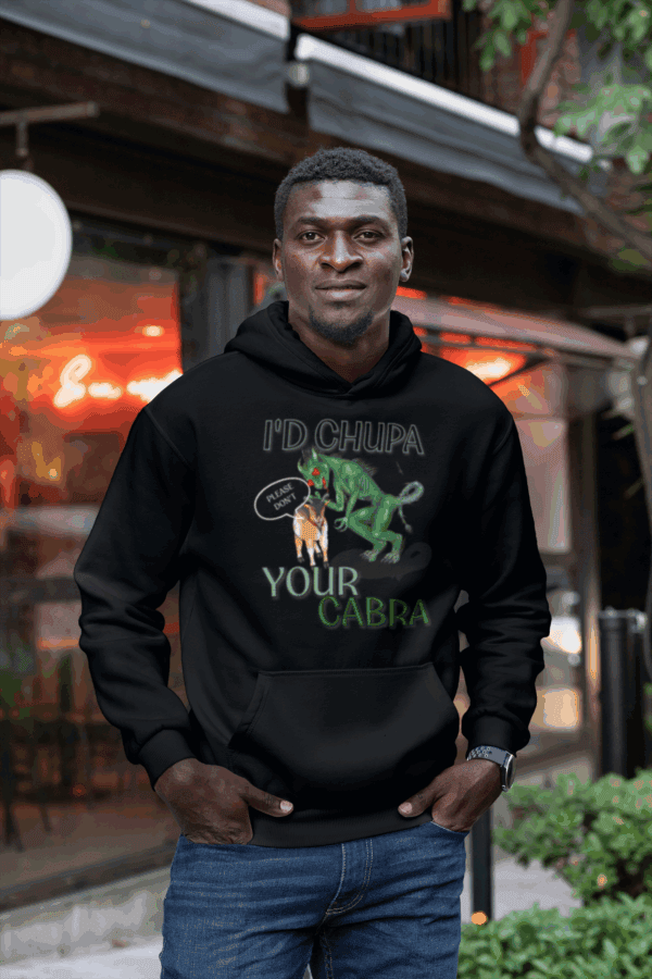 Man in black chupacabra hoodie