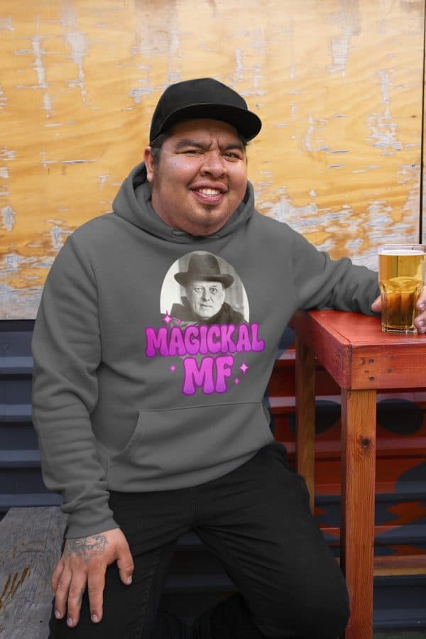 plus sized man in occult sweatshirt with magickal mother fucker on it