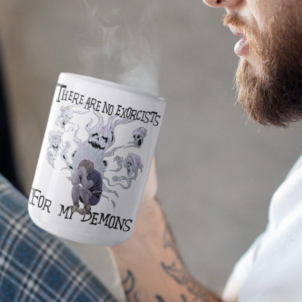 tattooed man drinking from coffee mug with floating demons