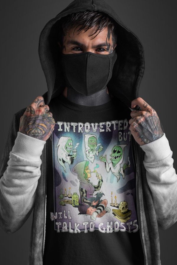 spooky tattooed man in black introvert but will talk to ghosts t shirt