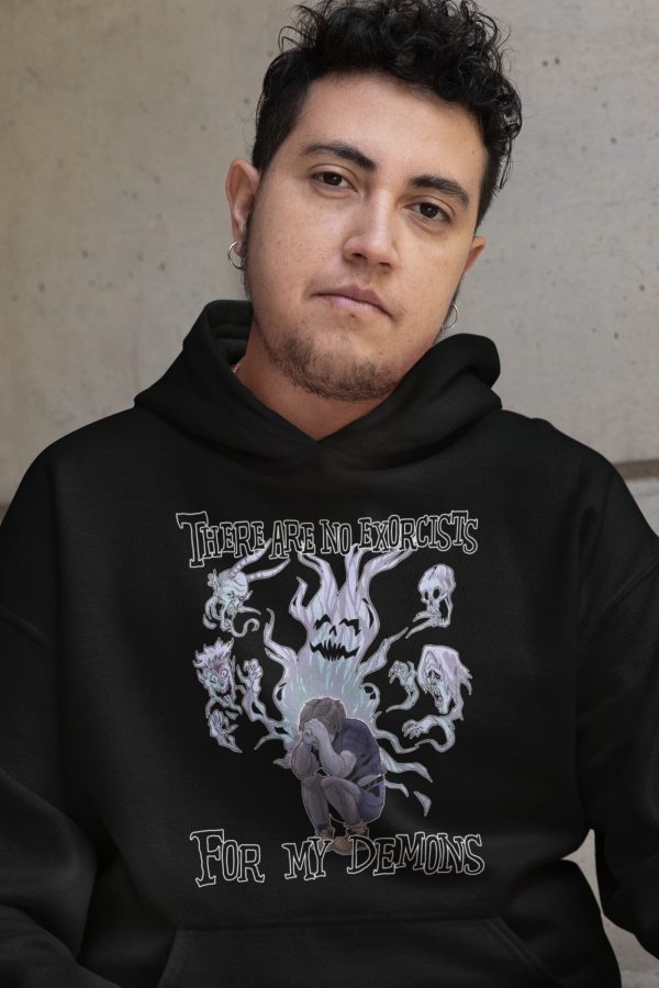 trans man wearing charity demon hoodie