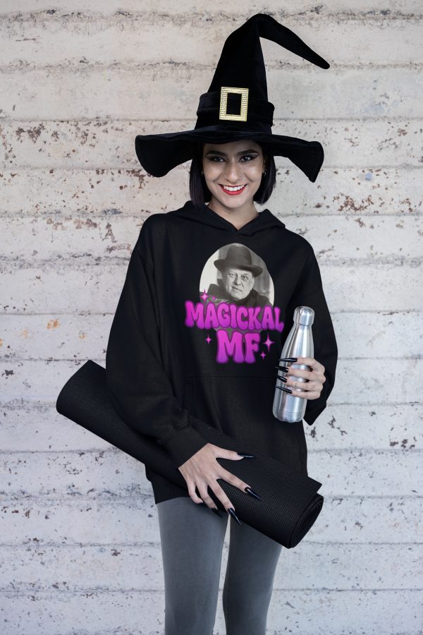 woman dressed as a witch in Aleister Crowley occult hooded sweatshirt