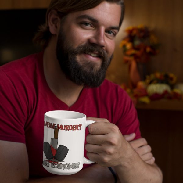 man holding funny true crime mug for homeless charity