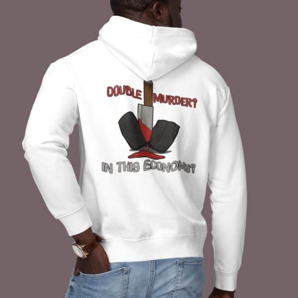 back view of dark humor hoodie for true crime fans