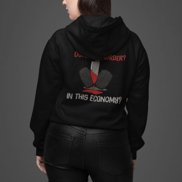 woman in goth style true crime hoodie to support homelessness