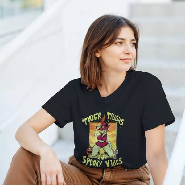 skinny girl in spooky witch tee shirt