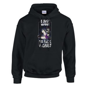 Black hoodie with imagery of goth girl with the words "I just want to fuck a ghost"