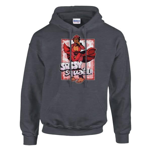 gray hoodie with bigfoot in a red dress and marilyn monroe pose that says "SASSYsquatch"