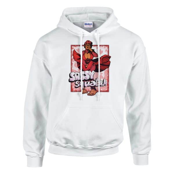 White hoodie featuring funny sasquatch design in marilyn monroe pose