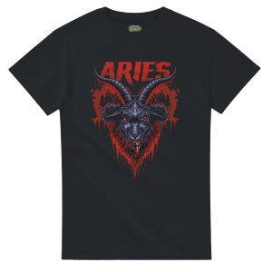 flat lay of aries zodiac t-shirt with brutal alternative style design