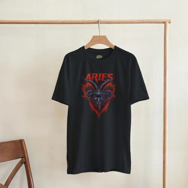dark zodiac style aries t-shirt hanging on hanger