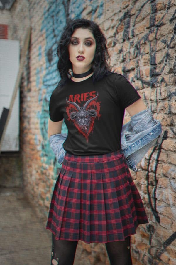 punk princess dressed in a grunge style and wearing heavy metal aries horoscope design shirt