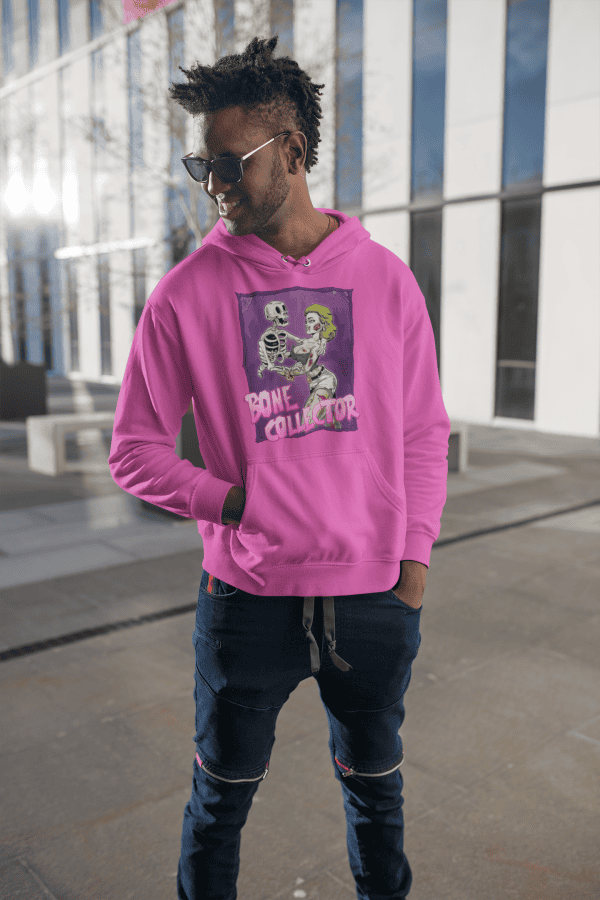 Alternative man wearing pink bone collector hoodie
