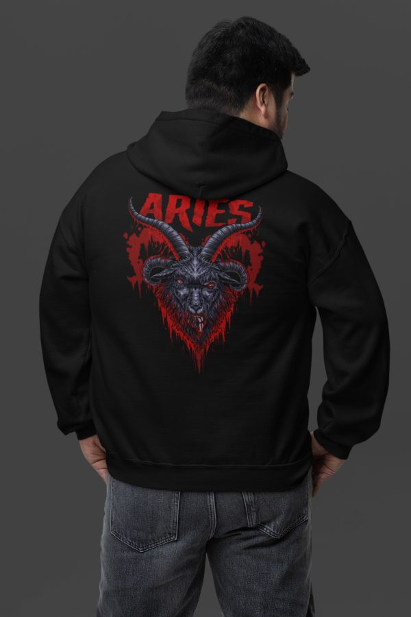 plus sized goth man in bloody aries zodiac hoodie design