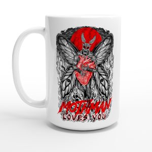 mothman mug with heart that says "mothman loves you"
