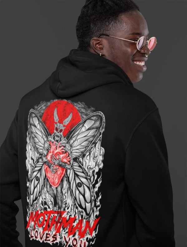 Alternative skater guy rocking black mothman hoodie with heart