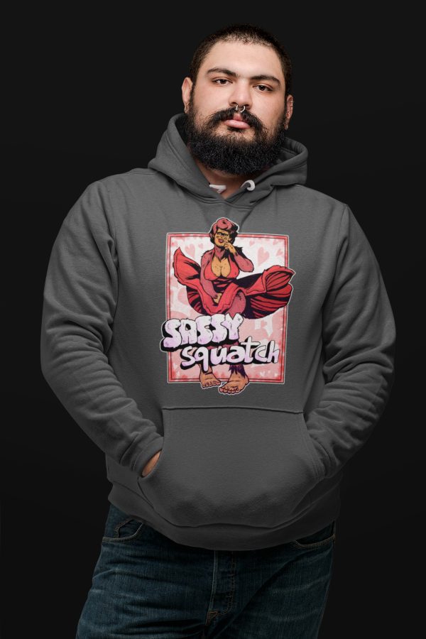 alternative grunge man with facial piercings wearing funny gray sasquatch hoodie