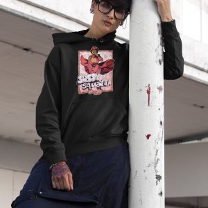 Alternative goth woman in a black dress wearing bigfoot pinup hoodie