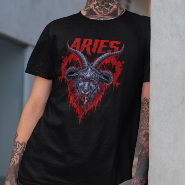 close up of alt style aries zodiac tee in black