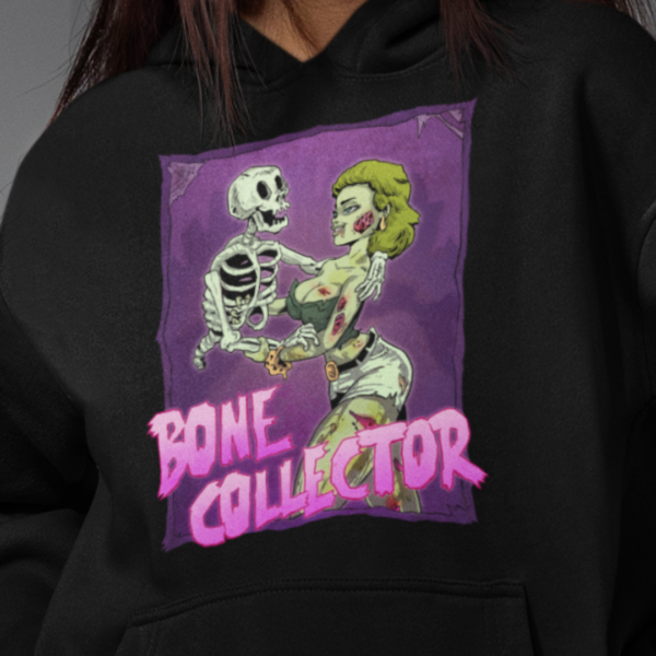 close up of the alternative style bone collector pinup design on a hoodie