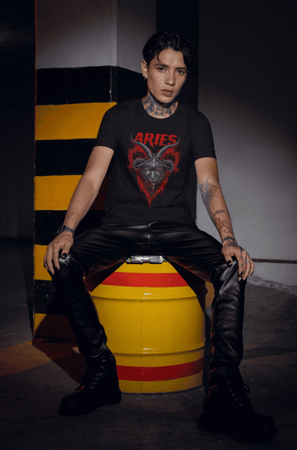 goth wearing dark aries zodiac tee while sitting