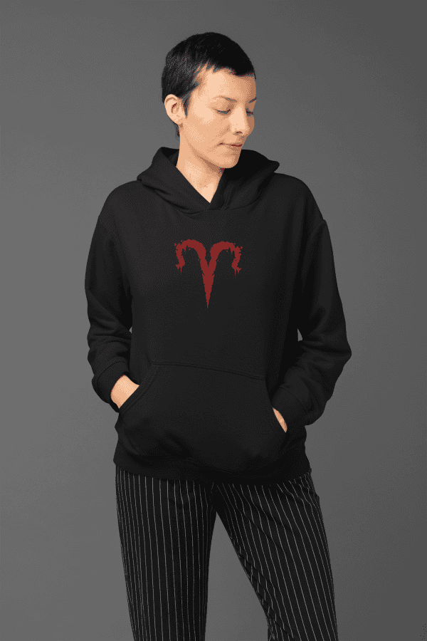 alternative fashion model posing in dark zodiac aries sign hoodie - front