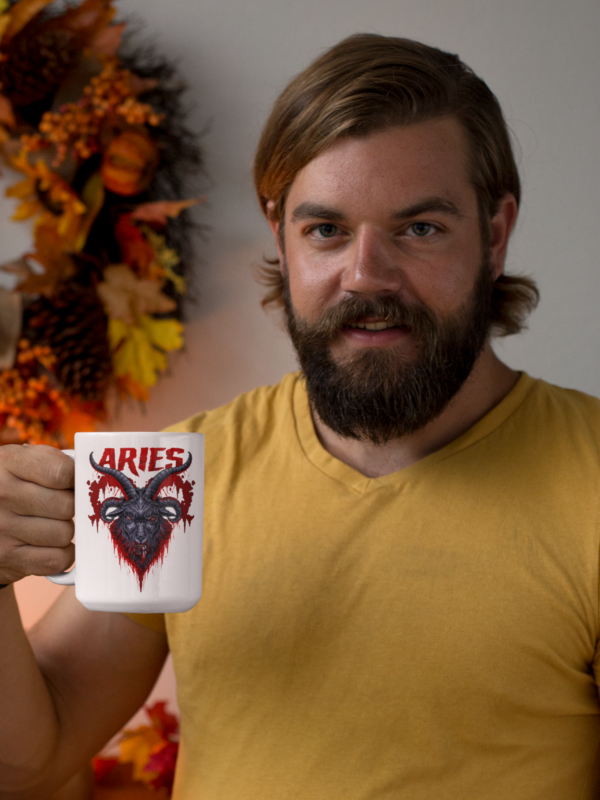 retro punk man holding white mug with dark zodiac design for aries sign