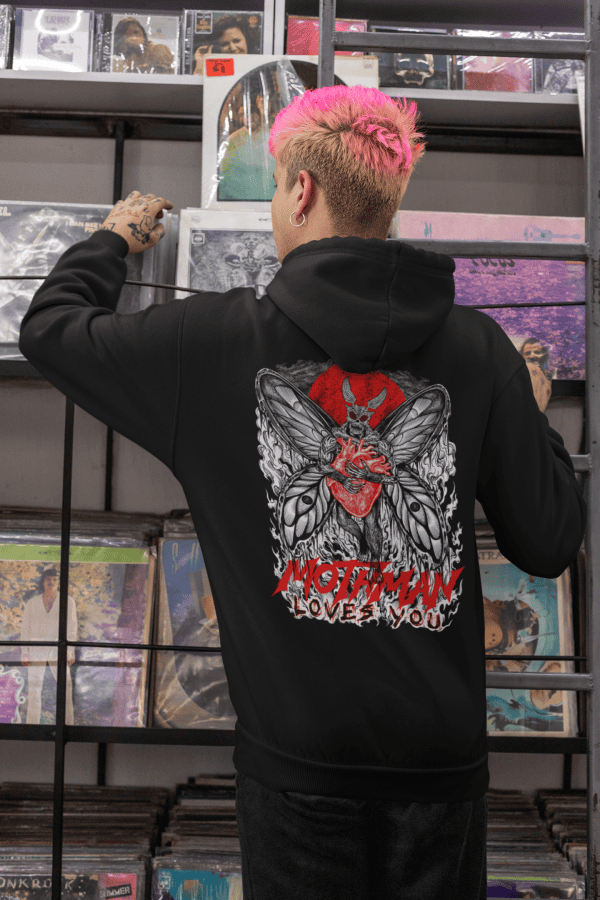 pink haired punk in black heavy metal style mothman heart hoodie