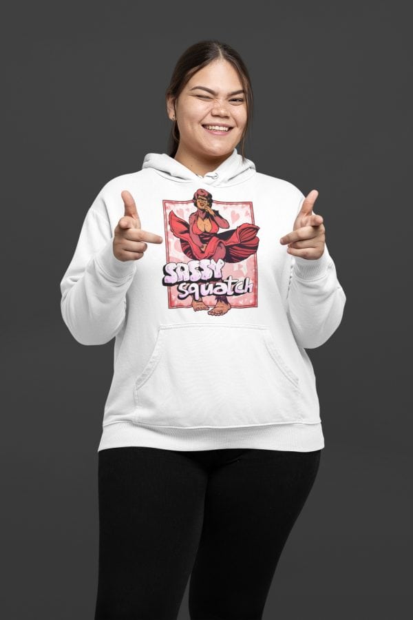 plus size woman in funny white sasquatch hooded sweatshirt
