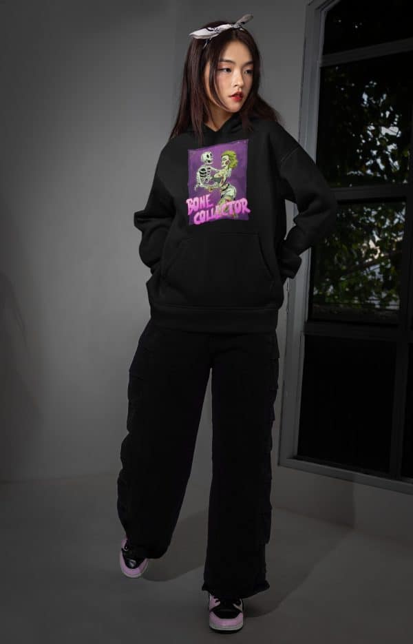 skater girl wearing streetwear style bone collector sweatshirt