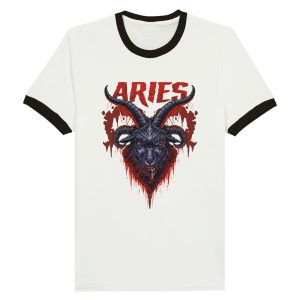 flat lay of white ringer tee with dark aries zodiac design for metal heads