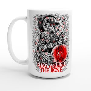 15 ounce plague doctor mug with phrase "ring around the rosie"