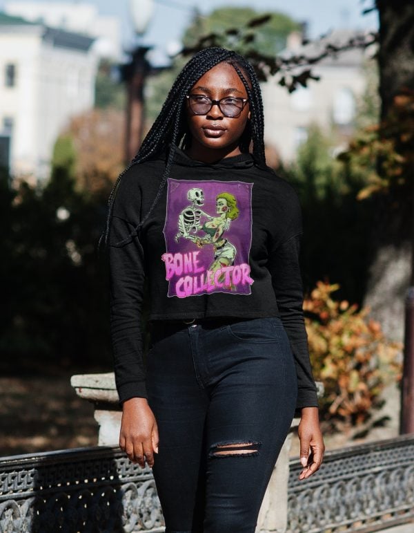 funny skeleton hoodie on black model - cropped